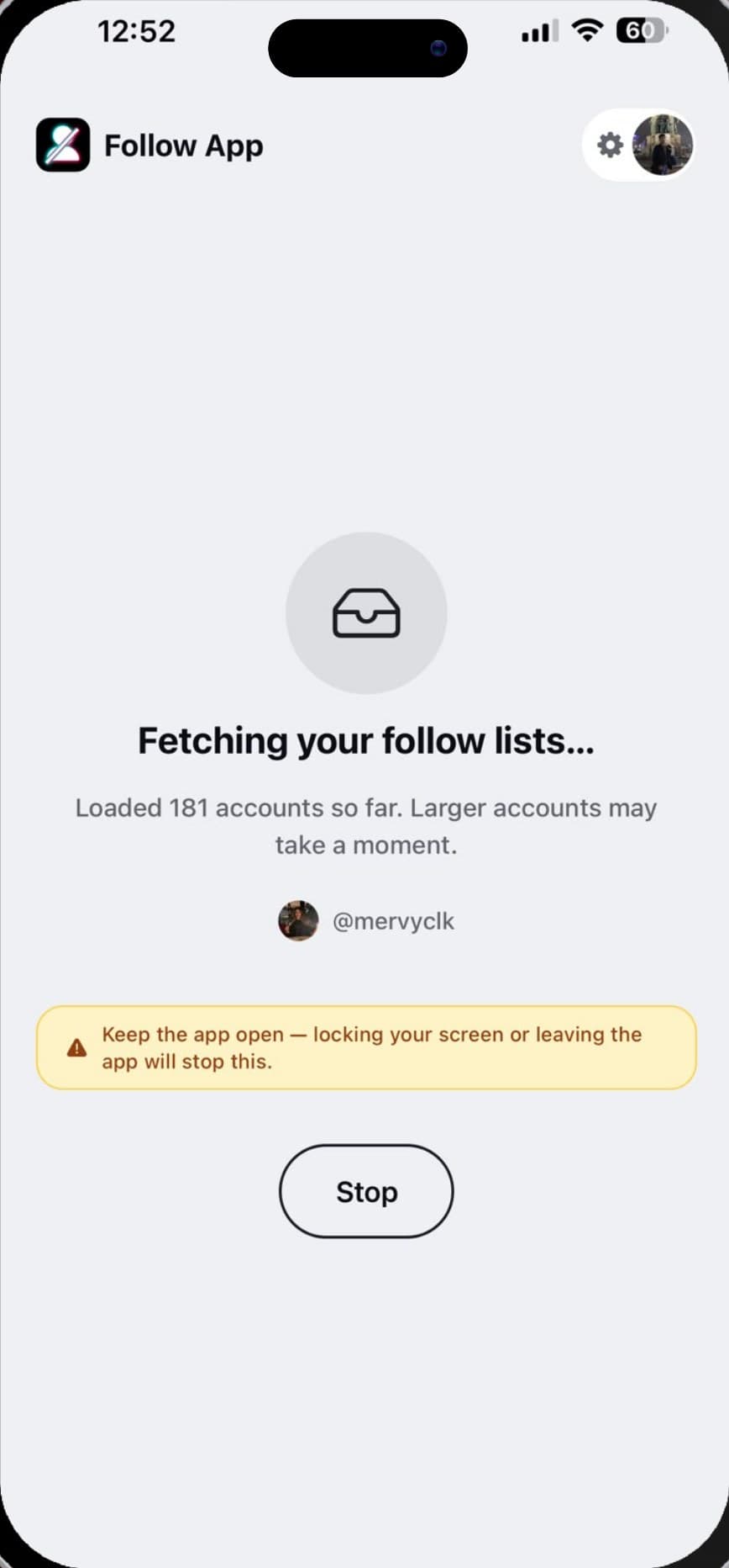 FollowTok fetching TikTok follow lists with a live counter