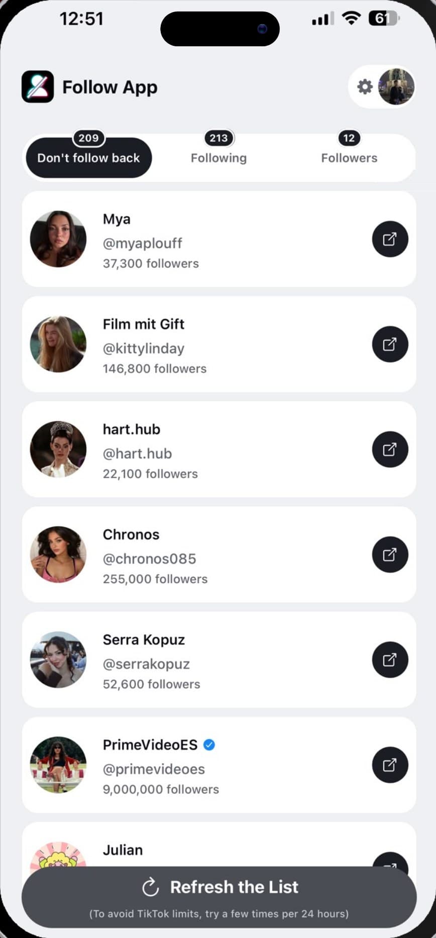 The TikTok accounts that do not follow back, listed in FollowTok