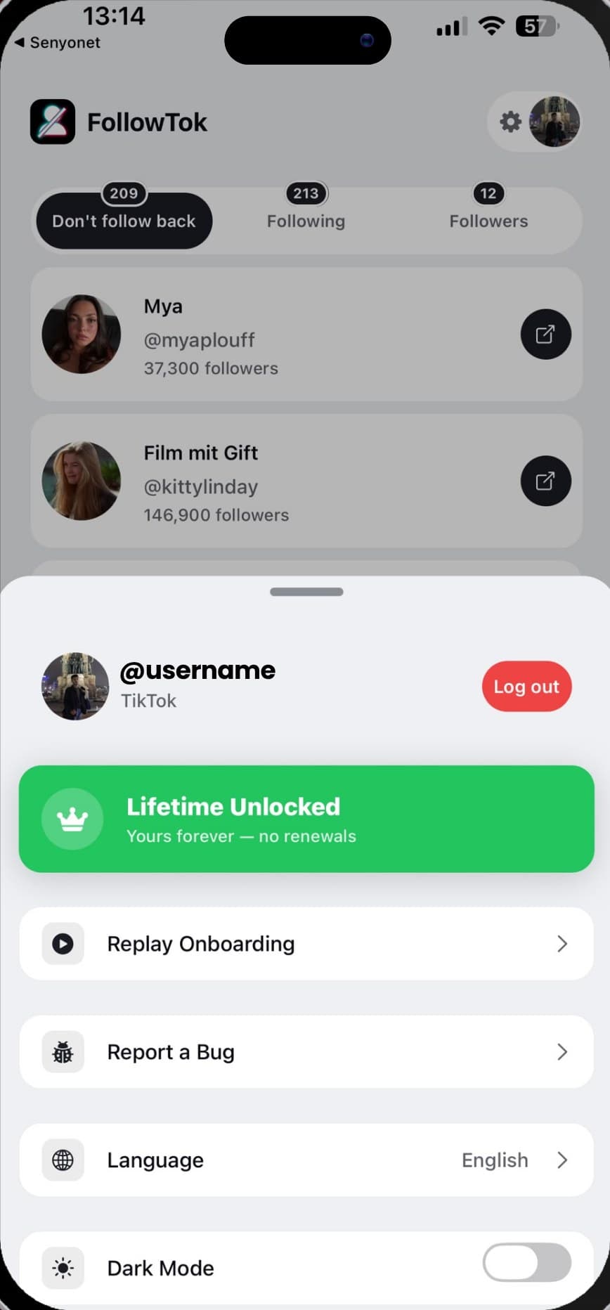 The connected TikTok account shown in FollowTok settings